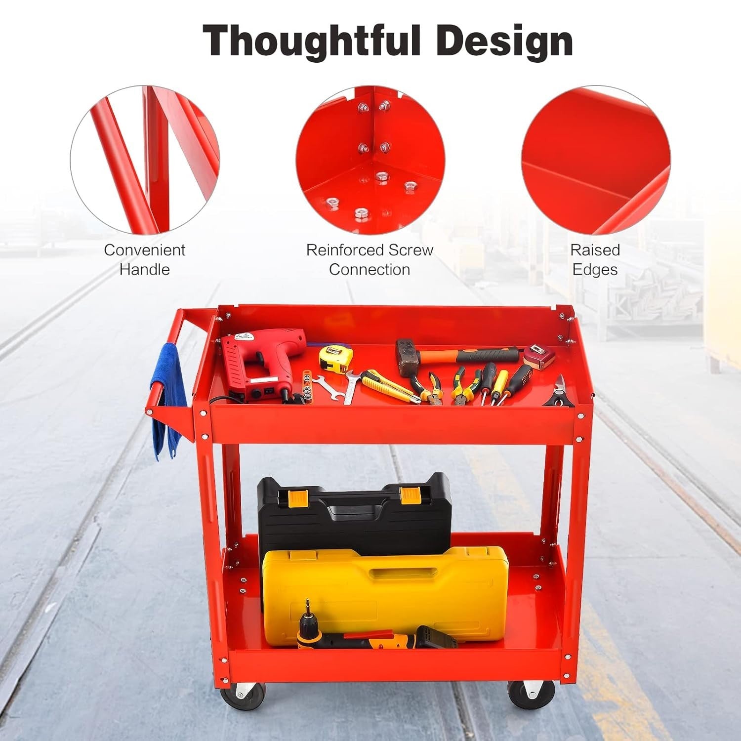 2 Tier Heavy Duty Rolling Utility Trolley Cart with Wheels Red