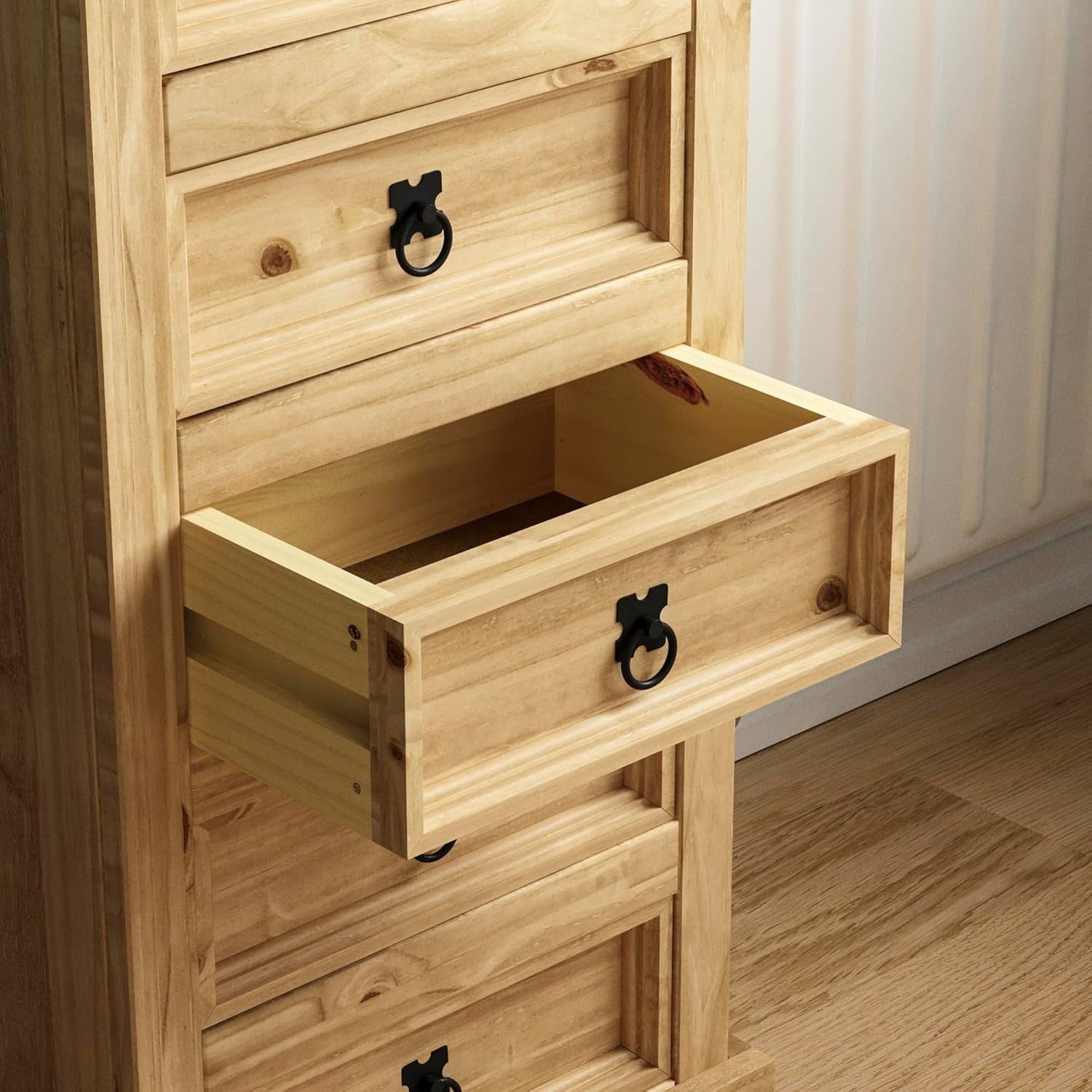 Pine 5-Drawer Narrow Chest Solid Wood Storage Cabinet Rustic Bedroom