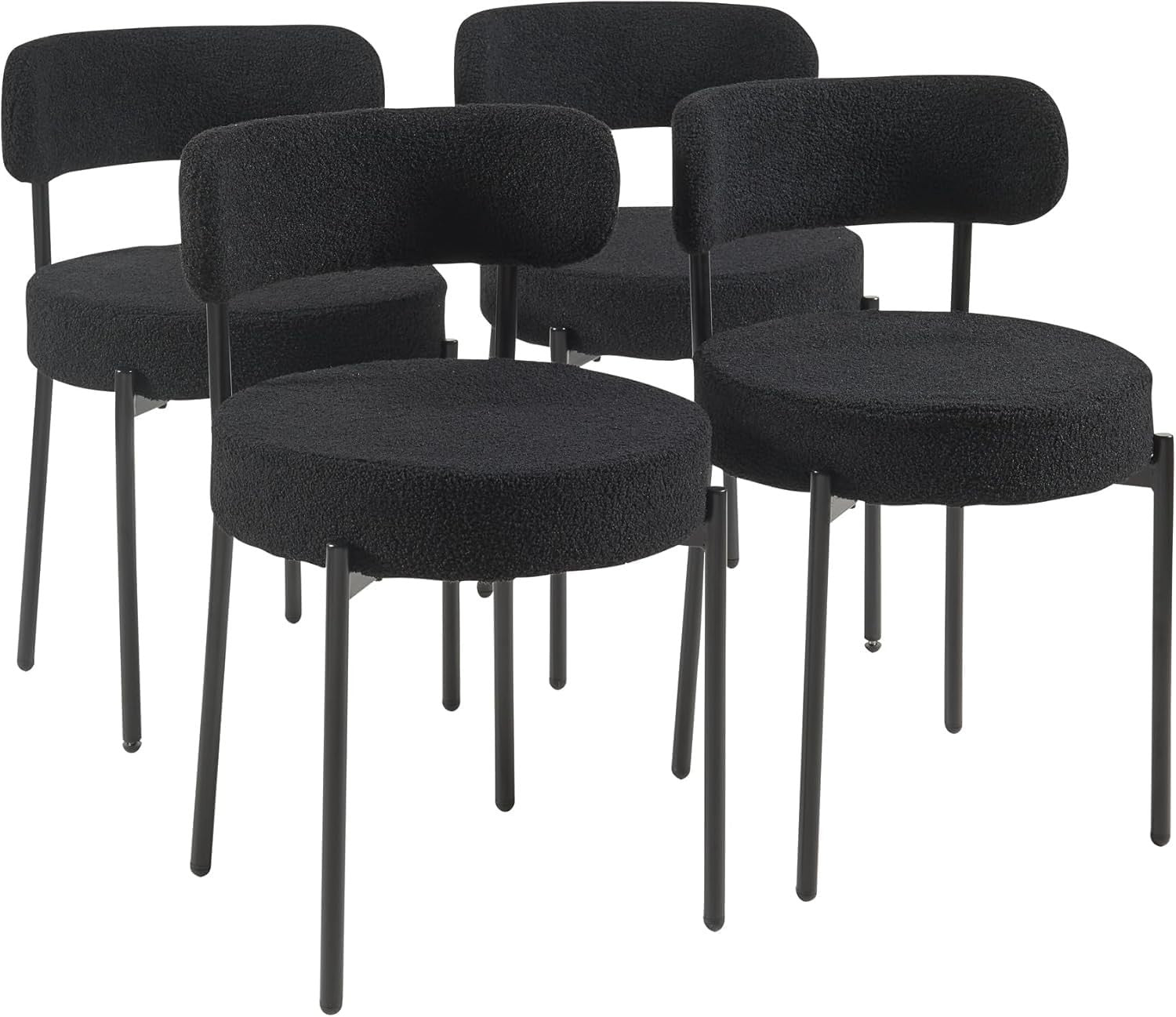 100CM Round Glass Dining Table with 4 Black Upholstered Chairs Set