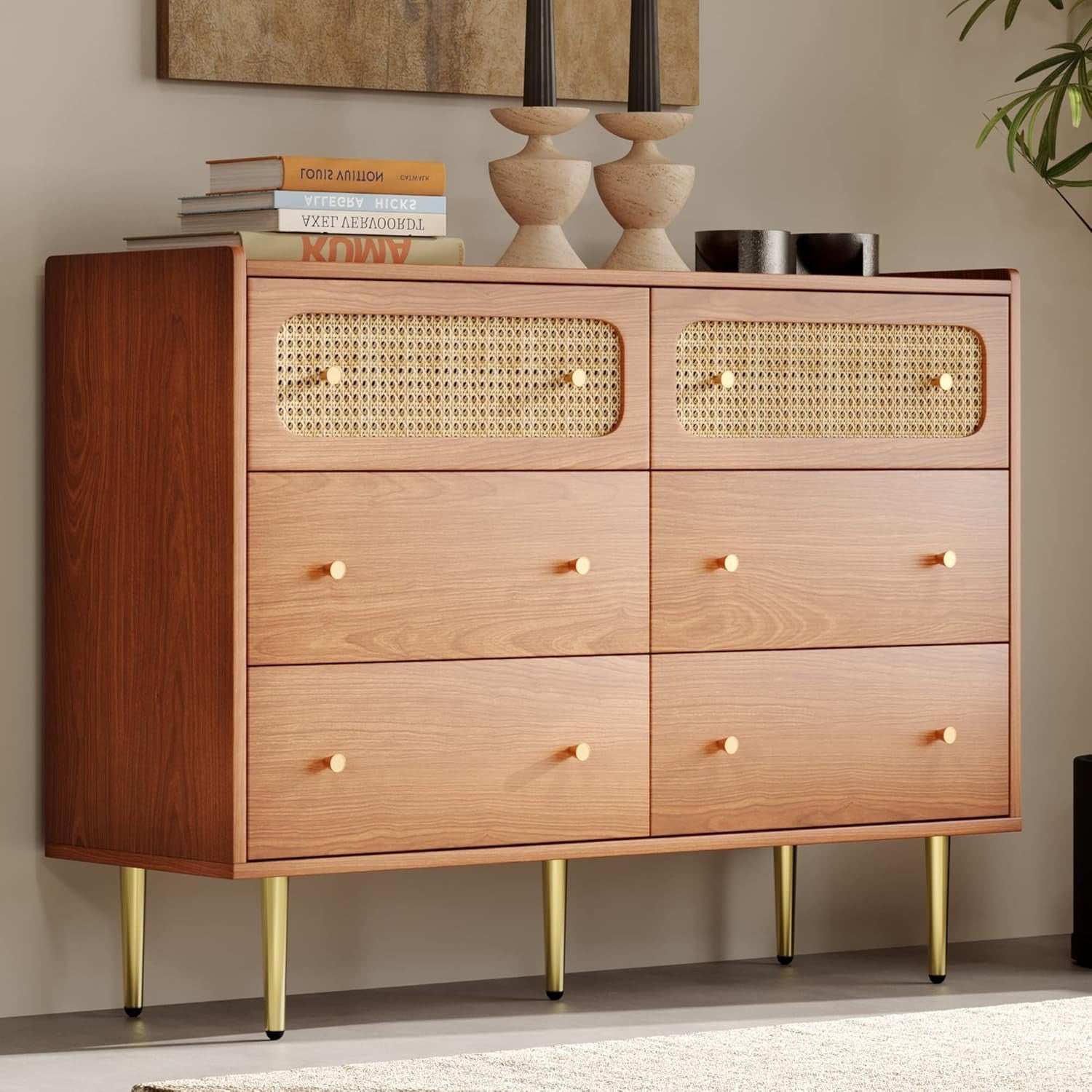 Walnut 6 Drawer Rattan Sideboard Cabinet with Gold Legs for Hallway Storage