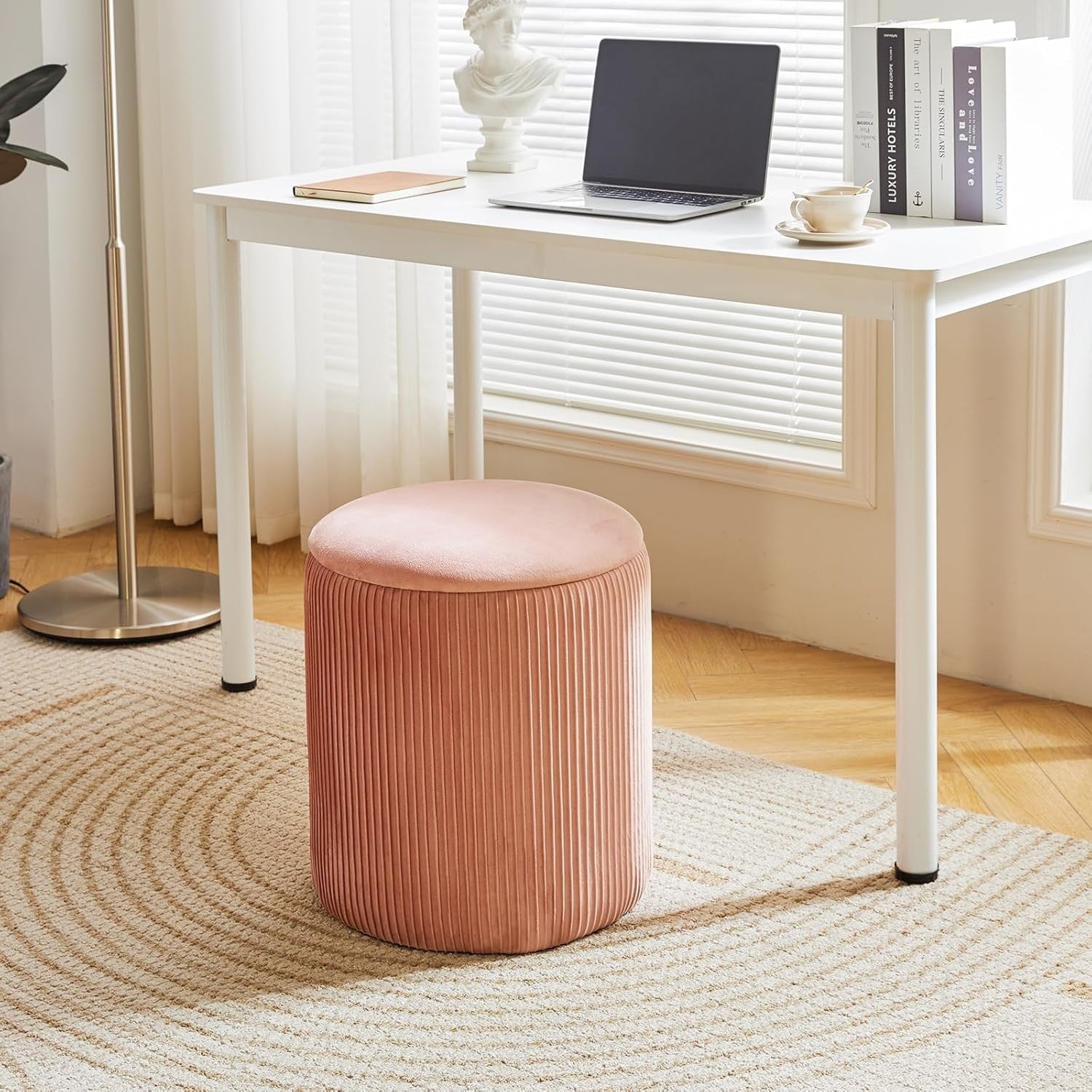 Set of 2 Pink Round Storage Ottomans – Velvet Vanity Stools & Side Tables