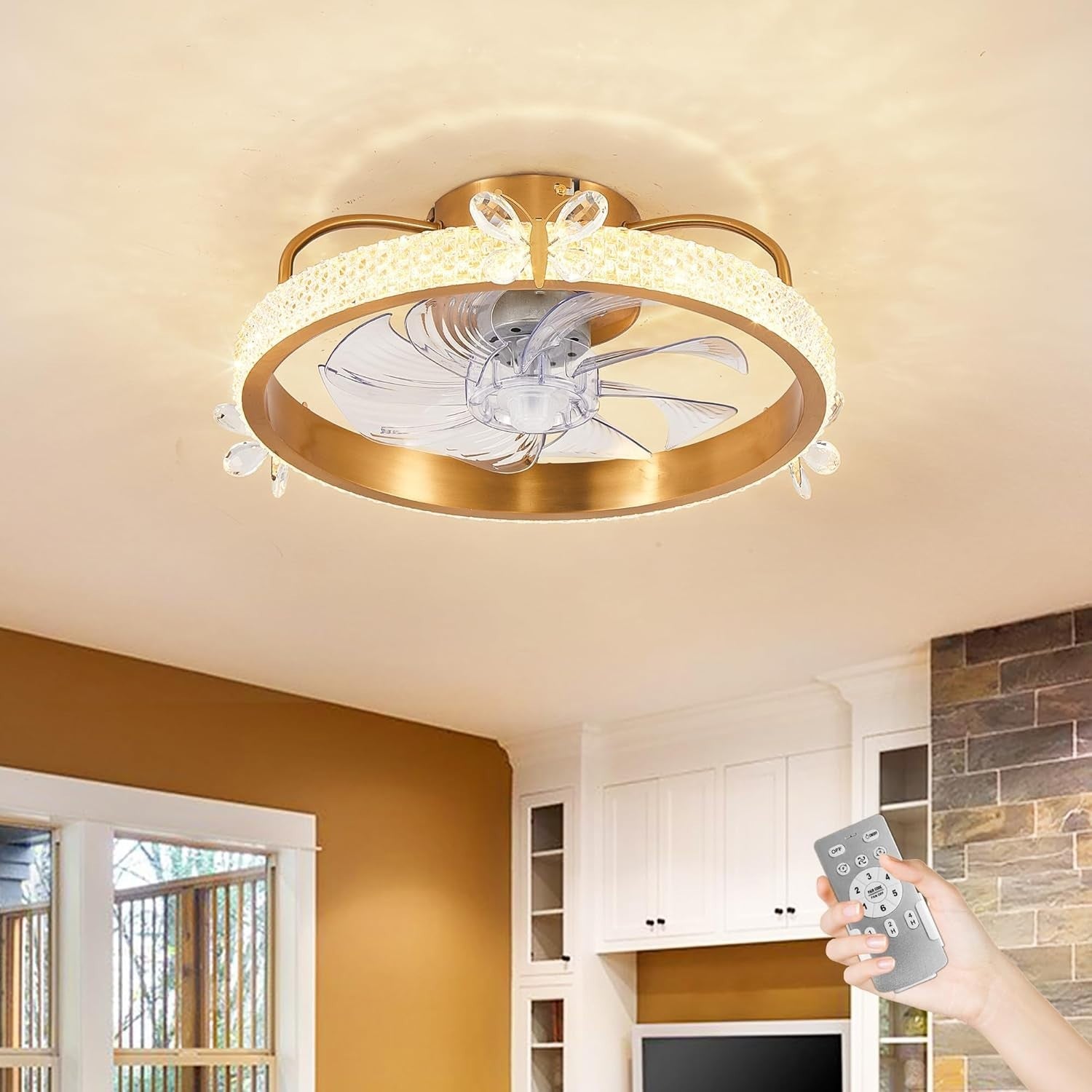 19" Gold Caged Ceiling Fan with Light, Crystal, Remote, 6-Speed