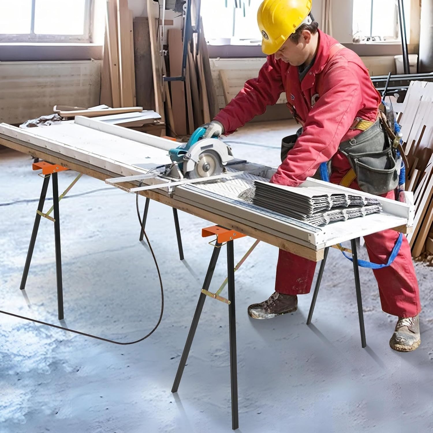 Folding Sawhorse Twin Pack Heavy Duty 375kg Non-Slip Metal Trestles Orange