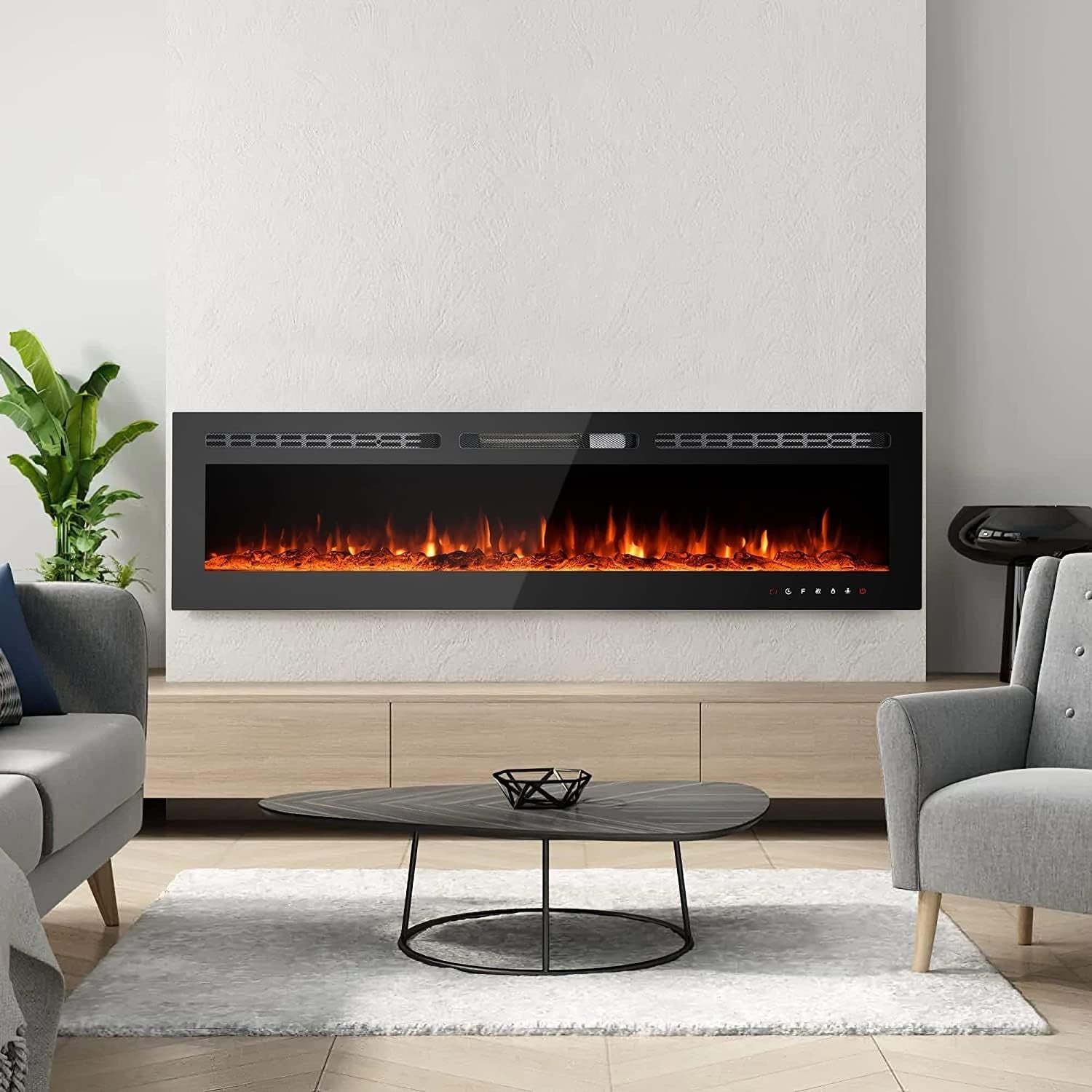 Electric Wall-Mounted Fireplace Heater 1800W Touch Screen Flame Effect