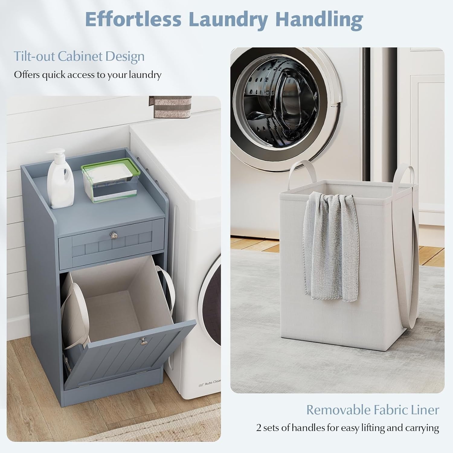 Grey Tilt-Out Laundry Cabinet with Drawer Removable Liner Bathroom Storage Unit