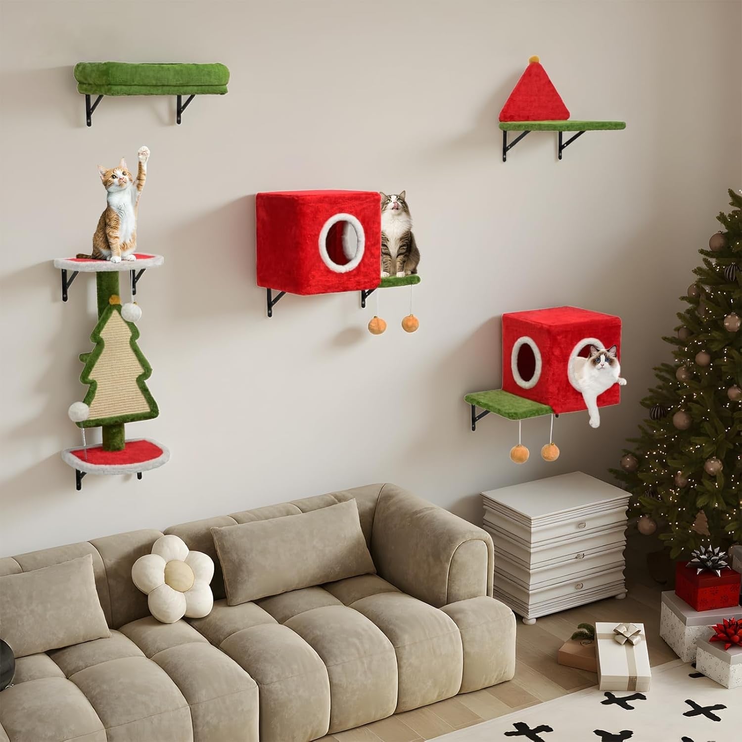 Christmas Cat Wall Shelves 5pcs Festive Climbing Set Red Green Wall Mounted