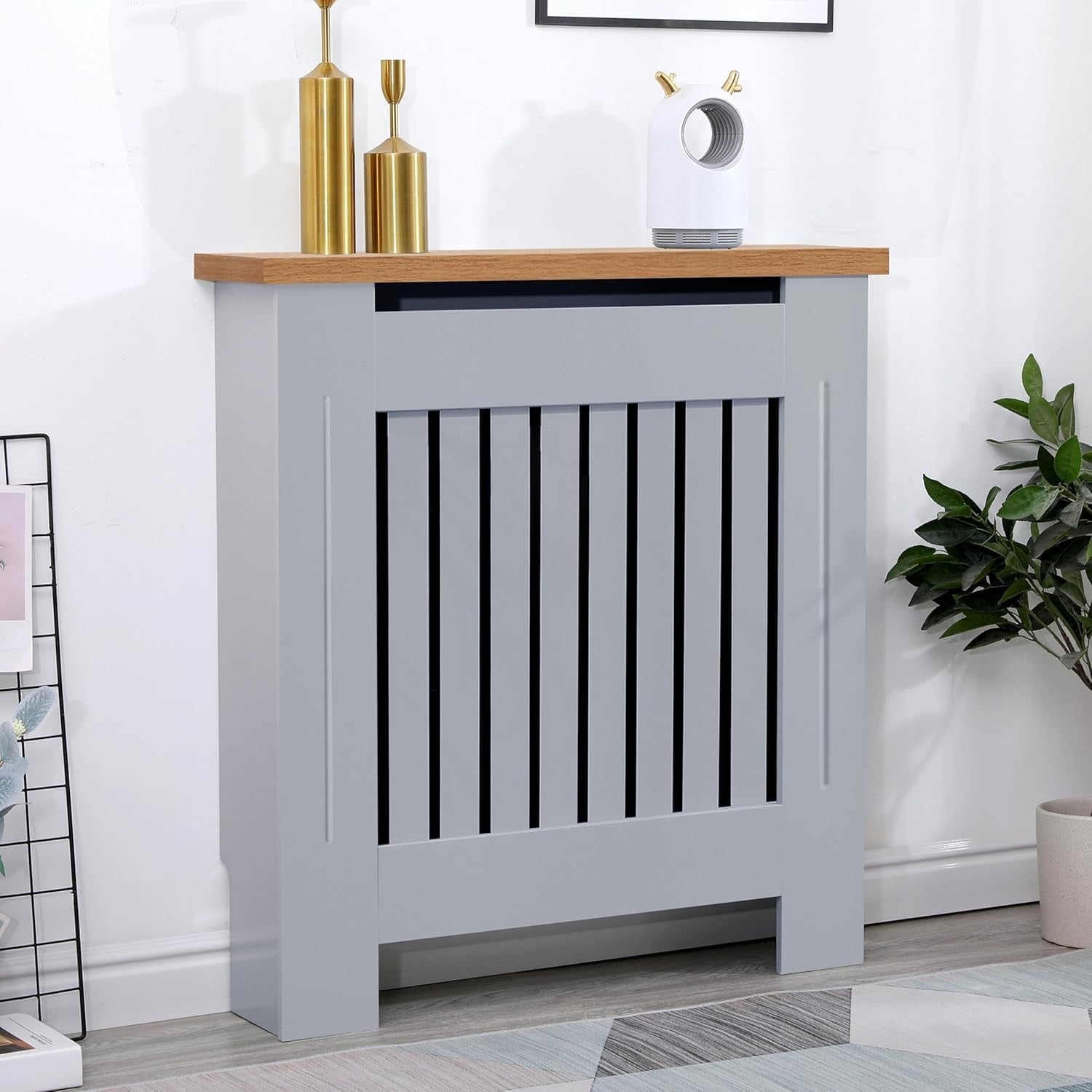 Small Grey Radiator Cover | Vertical Slatted MDF Cabinet