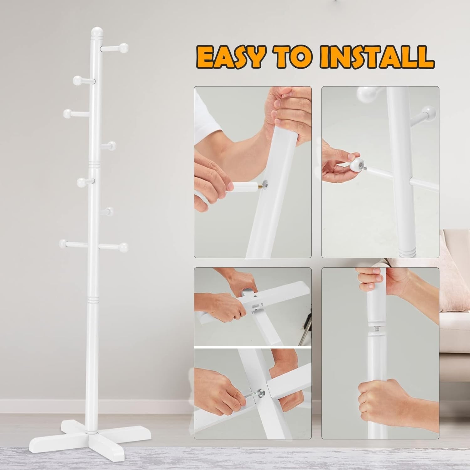 Kids White Wooden Coat Rack | 8 Hooks Adjustable Freestanding Tree Stand