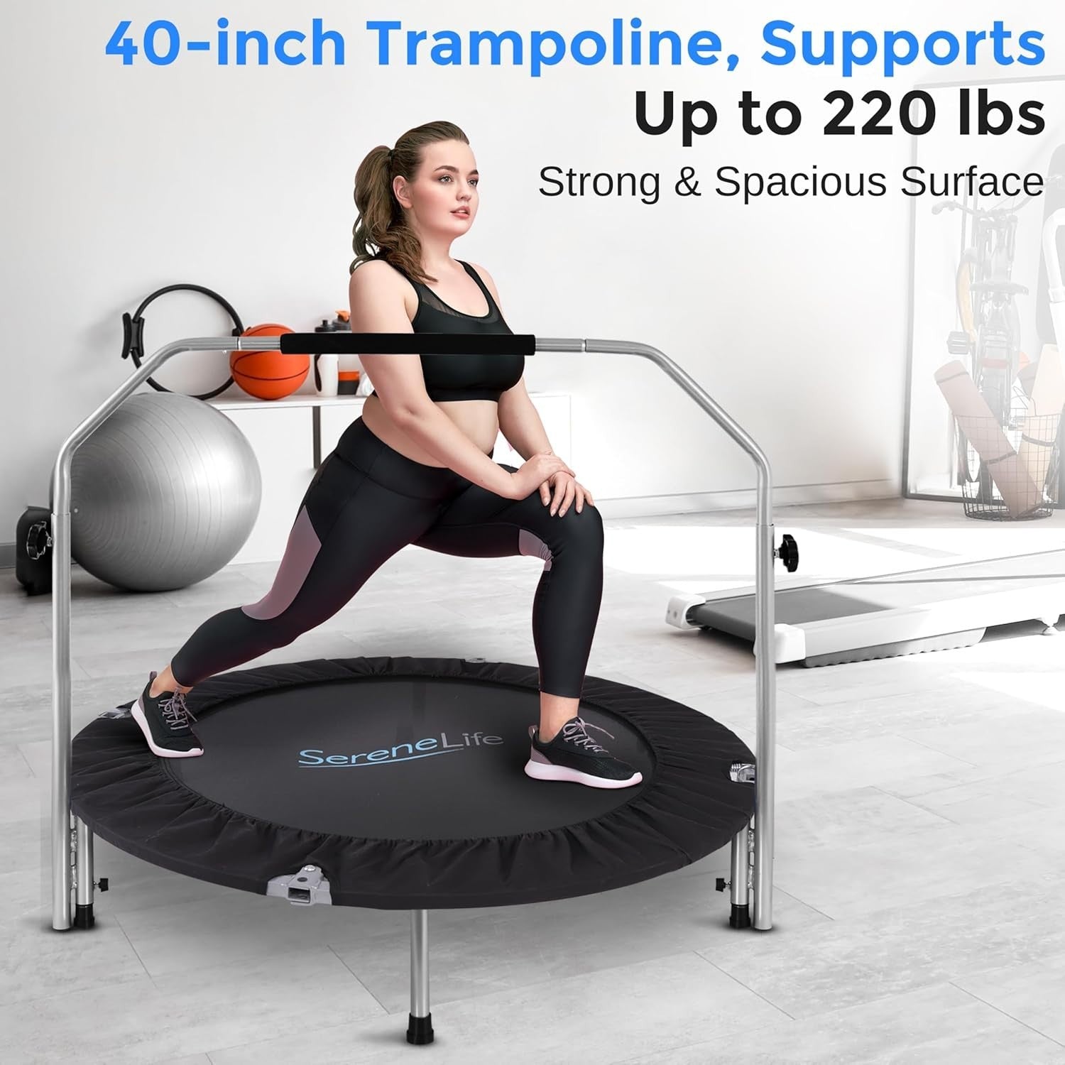 42” Foldable Mini Trampoline Indoor Outdoor Rebounder Adjustable Handle