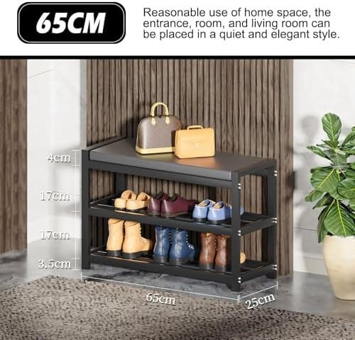3 Tier Shoe Rack Bench with Cushion Seat Carbon Steel Entryway Storage 65cm