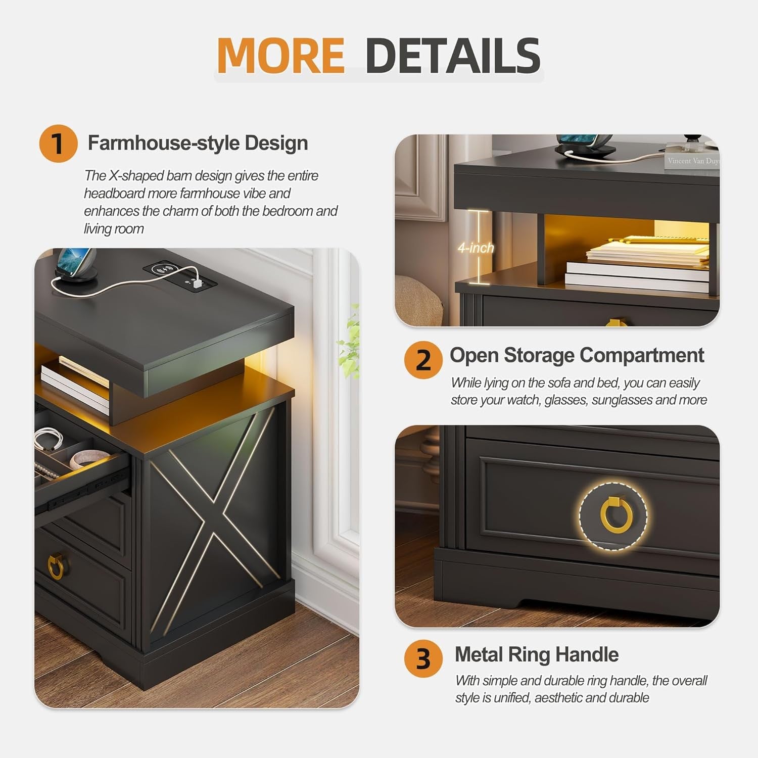 LED Bedside Tables Set of 2 with Hidden Drawer, Wireless Charging & Storage