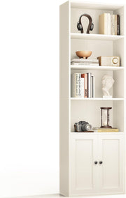 White 6 Tier Bookcase with Doors Tall Storage Cabinet Adjustable Shelves Home Of