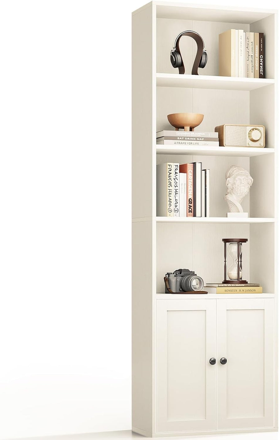 White 6 Tier Bookcase with Doors Tall Storage Cabinet Adjustable Shelves Home Of