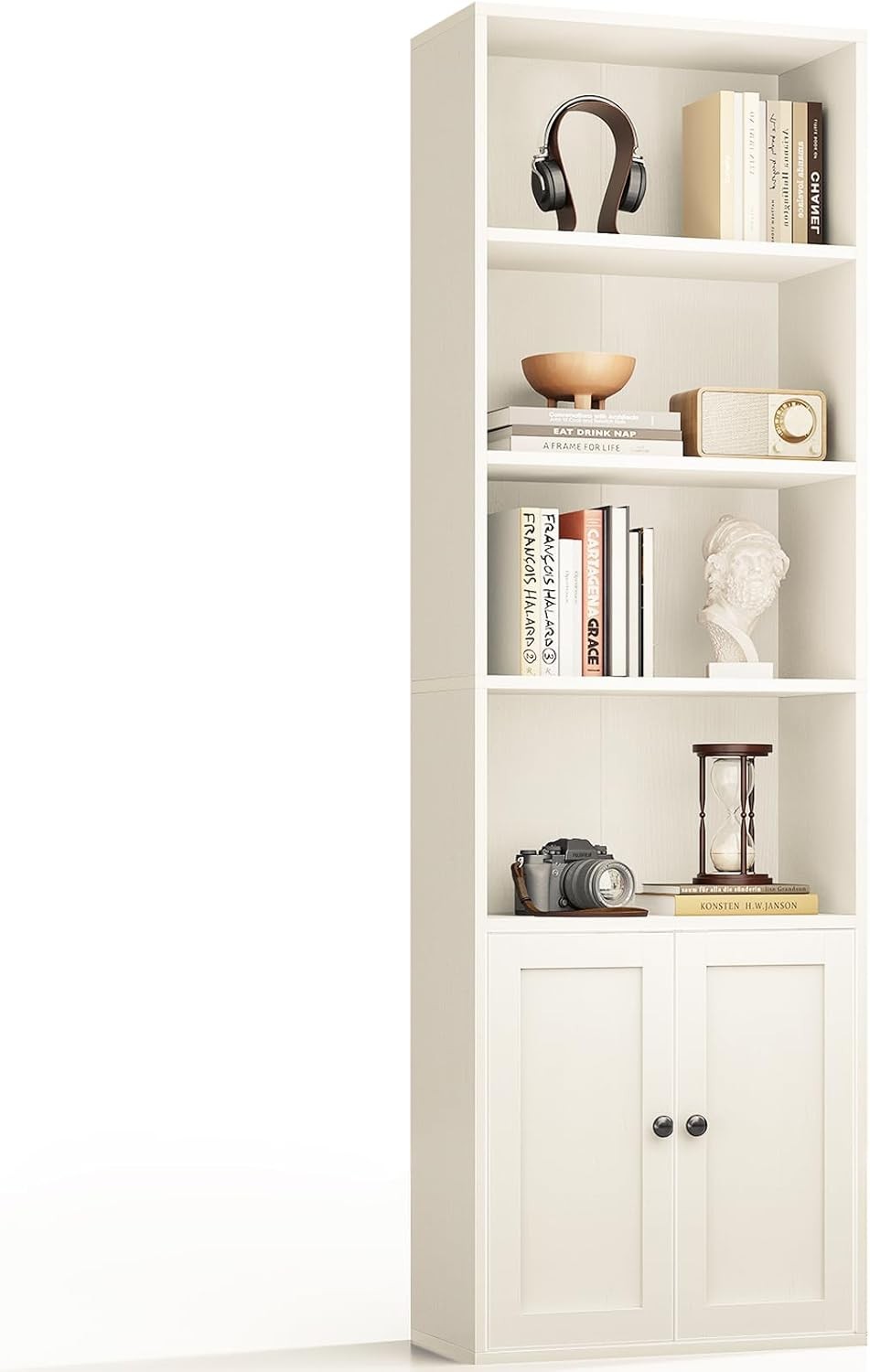 White 6 Tier Bookcase with Doors Tall Storage Cabinet Adjustable Shelves Home Of