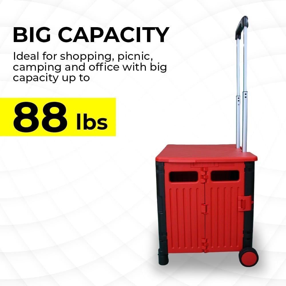 50L Foldable Shopping Trolley Cart with 2 Wheels & Telescopic Handle Red
