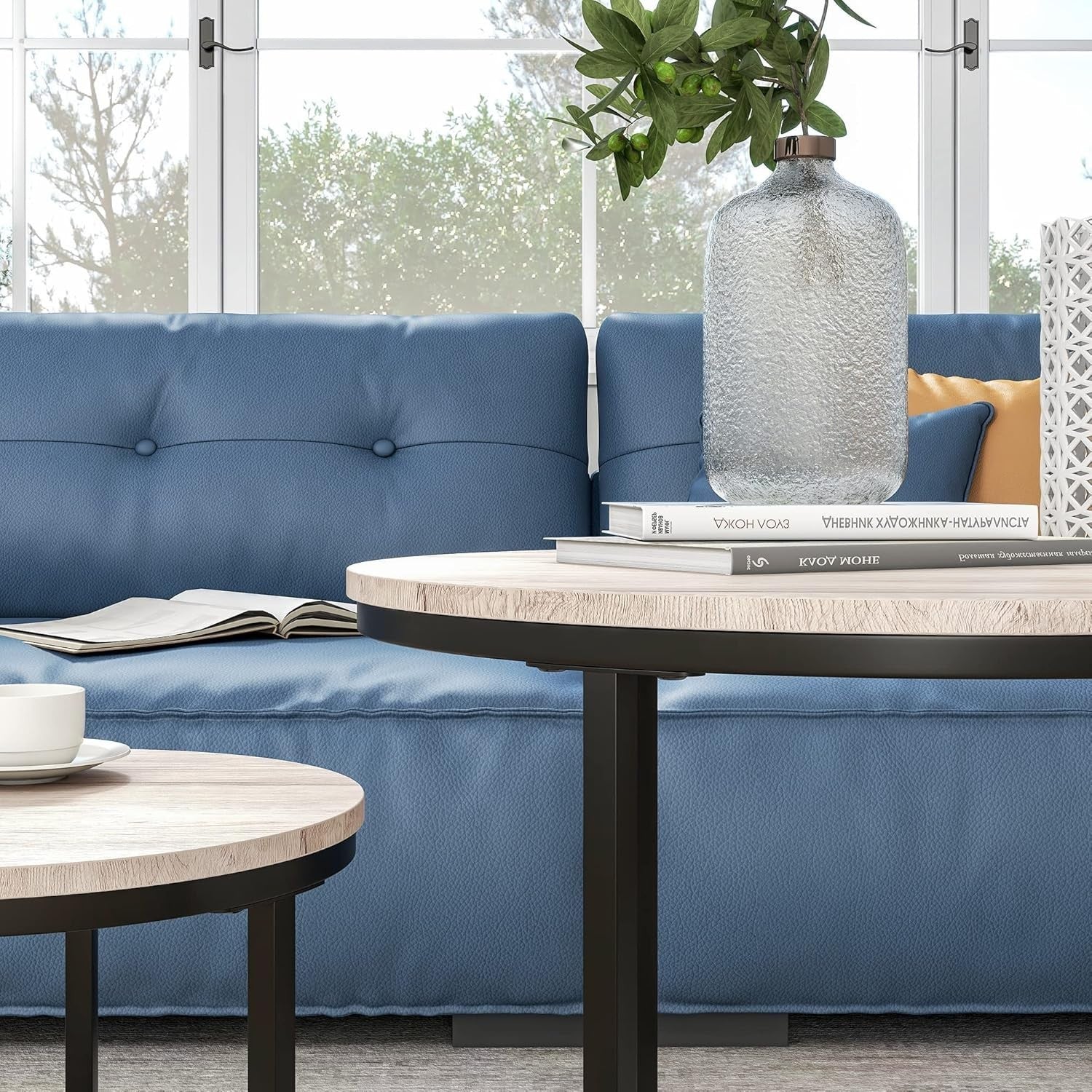 Nested Round Coffee Table Set of 2, Natural Oak Wood Finish, Space Saving Side E