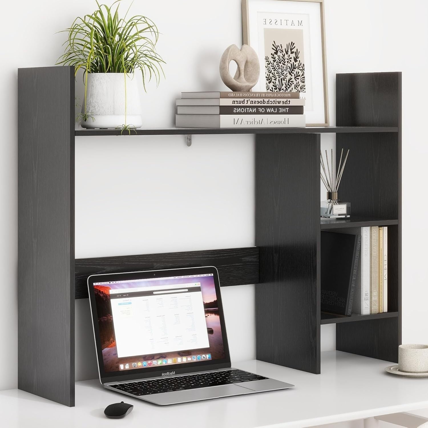 37.4" Desk Hutch Shelf Black | 3-Tier Desktop Bookshelf Organizer for Monitor
