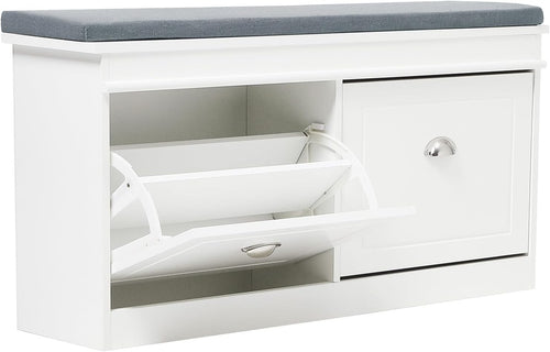 White Shoe Storage Bench with Flip Drawers & Cushion Seat 105x24x52cm