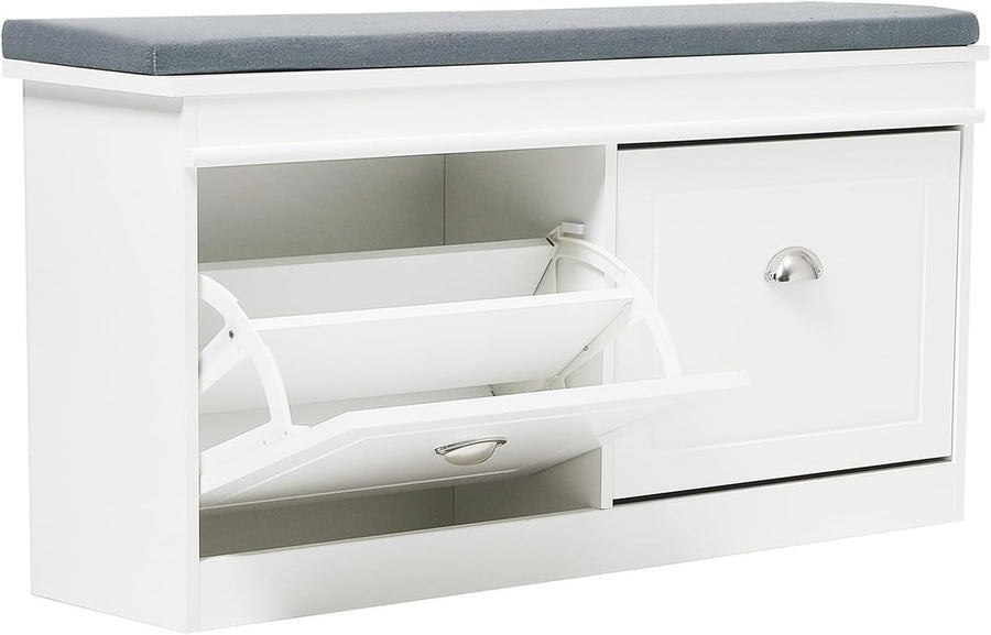 White Shoe Storage Bench with Flip Drawers & Cushion Seat 105x24x52cm