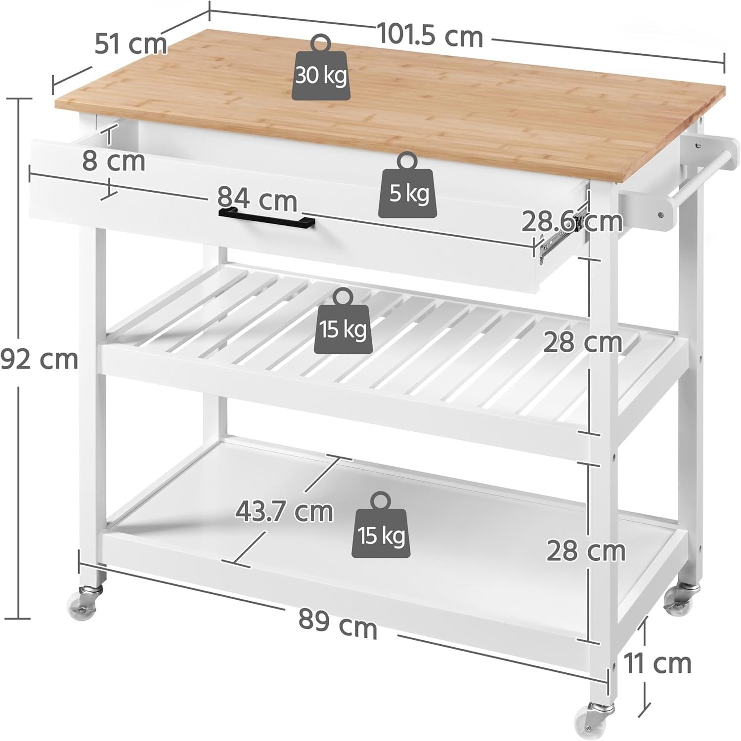 White Rolling Kitchen Island Trolley with Bamboo Worktop, Drawer & Shelves