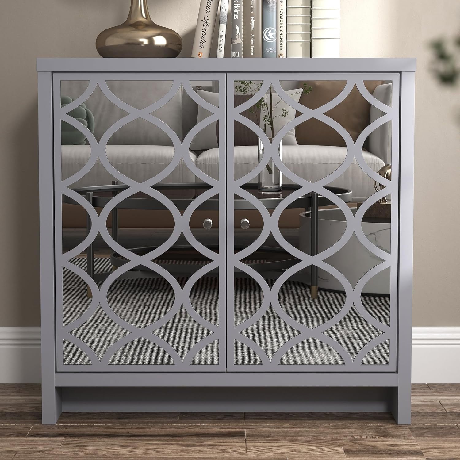 Grey Mirrored Sideboard Cabinet 2 Door Storage Unit for Hallway Living