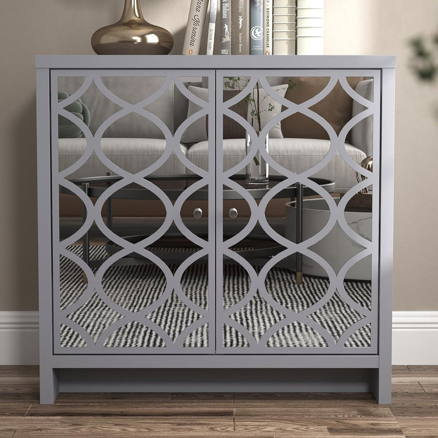 Grey Mirrored Sideboard Cabinet 2 Door Storage Unit for Hallway Living