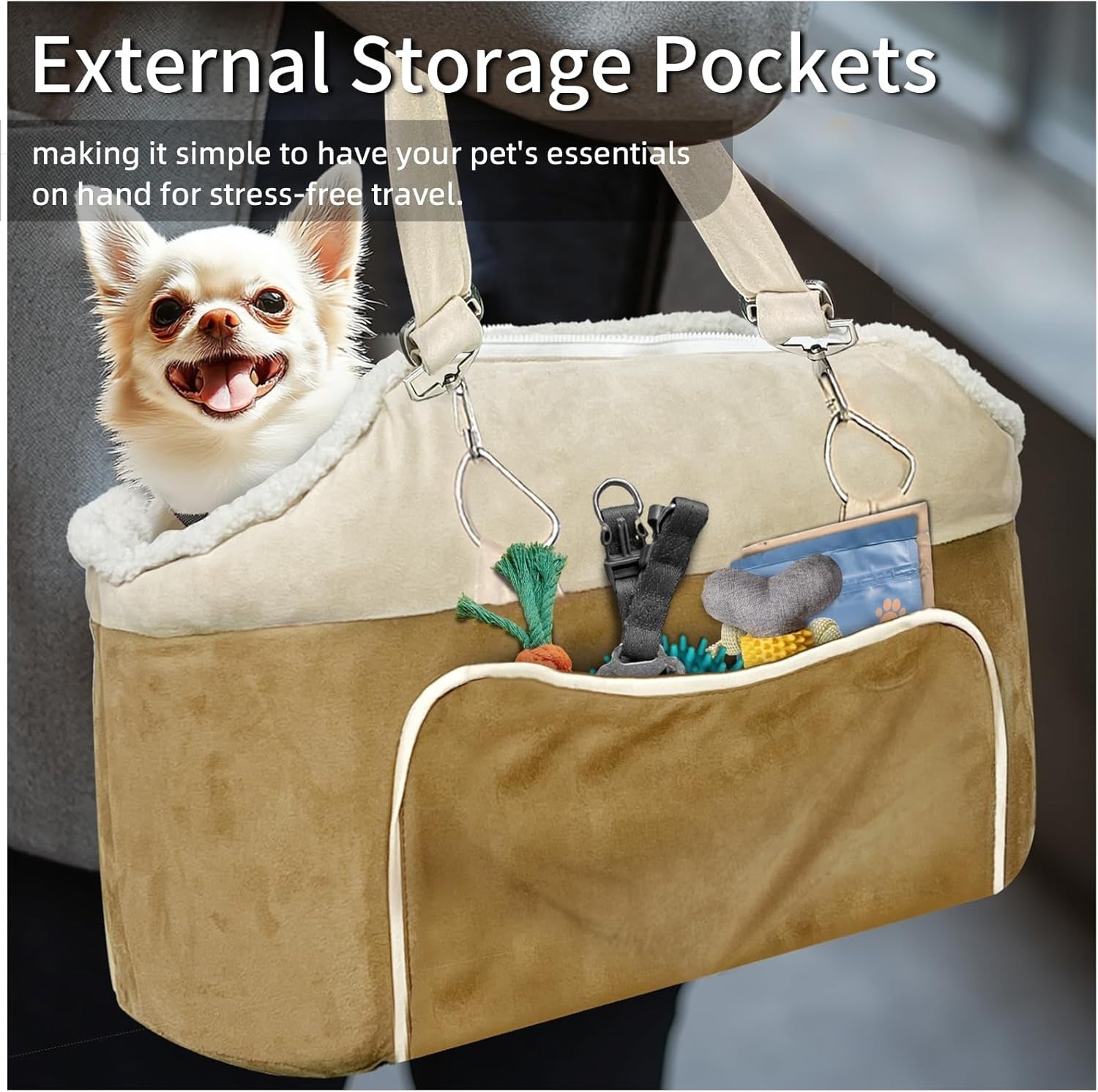 Console Dog Car Seat Small Dog Booster Seat Safety Belt Storage Pocket