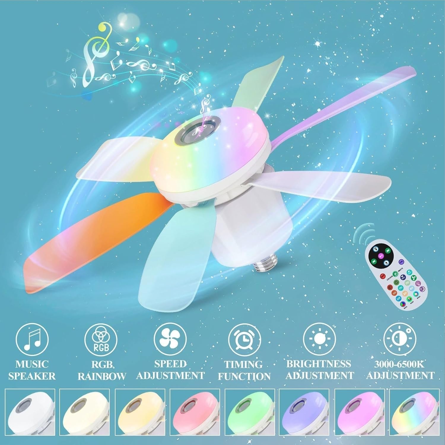 Lruvaqi 32W RGB Ceiling Fan Light, Dimmable LED, Bluetooth Music – Colorful