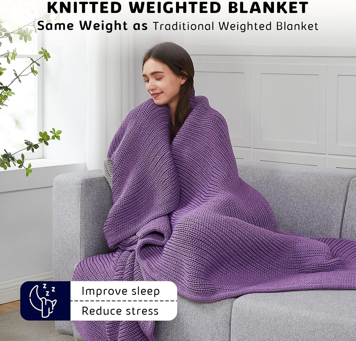 Knitted Weighted Blanket 20lbs Purple Chunky Knit Heavy Throw 60"x80" No Beads