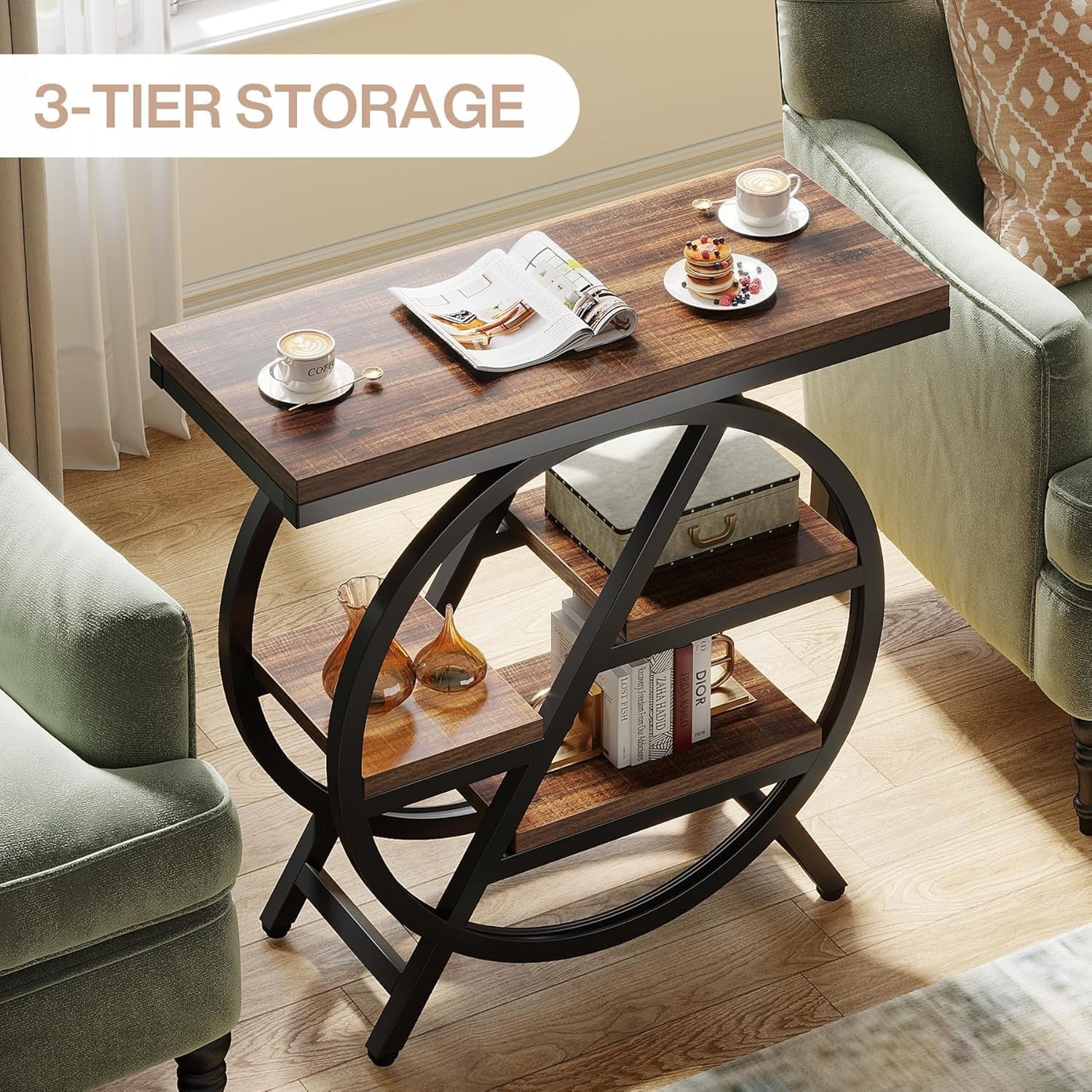 3-Tier Rustic Brown Side Table with Storage, Industrial Sofa & Nightstand