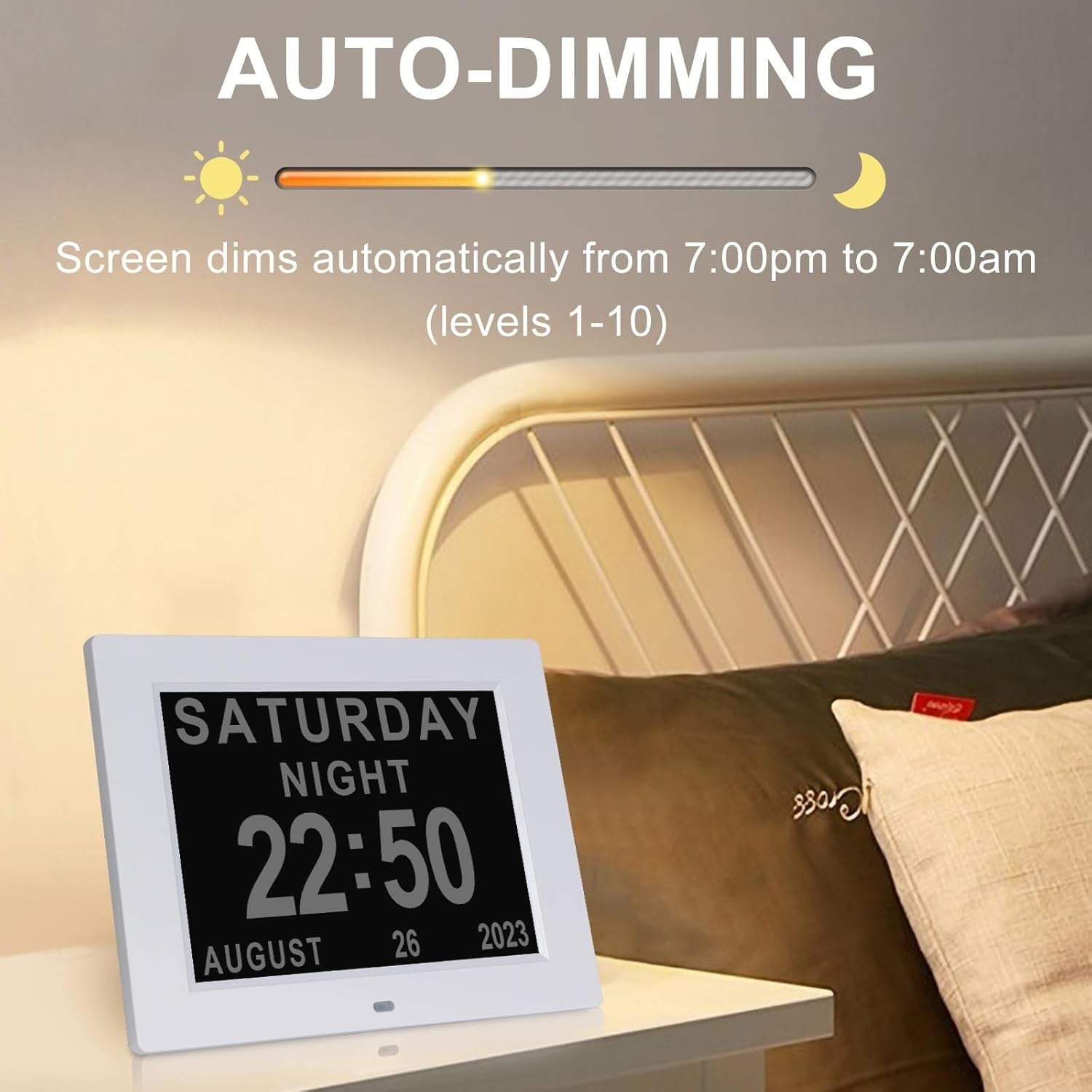 Digital Dementia Day Calendar Alarm Clock 8” Large Display White