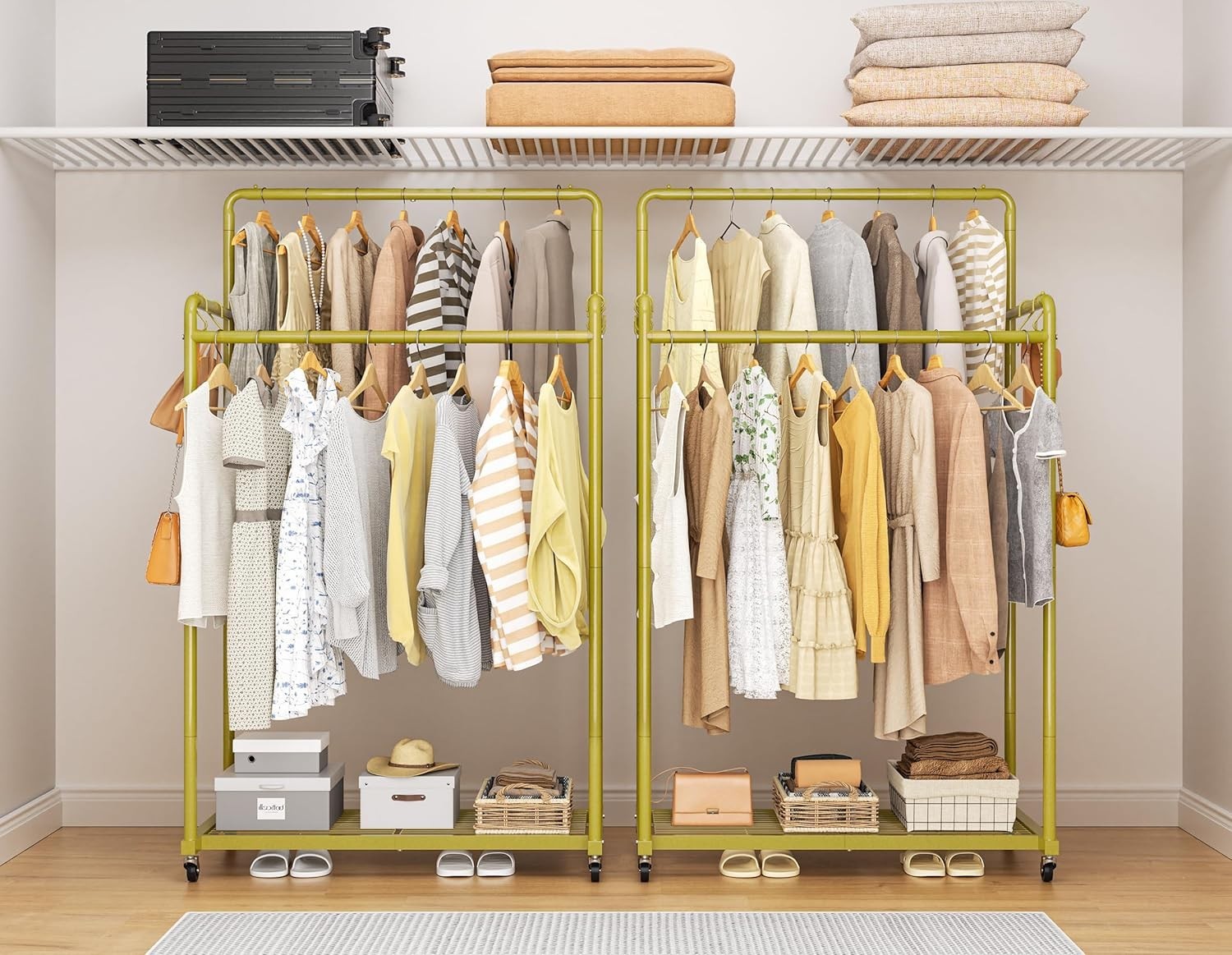 Double Clothes Rail 80KG Heavy Duty Rack With Shelf Gold