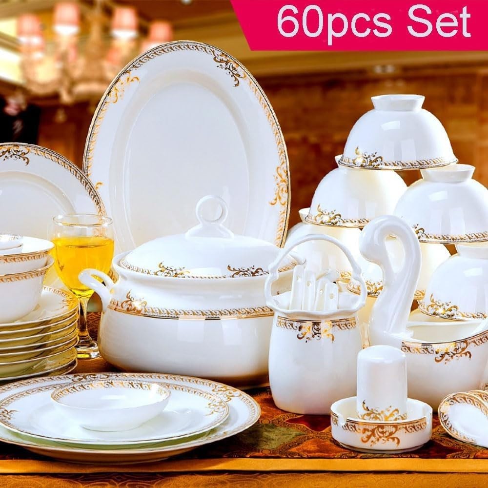 60 Piece Luxury Dinner Set Gold Rim Porcelain Plates Bowls Handmade China