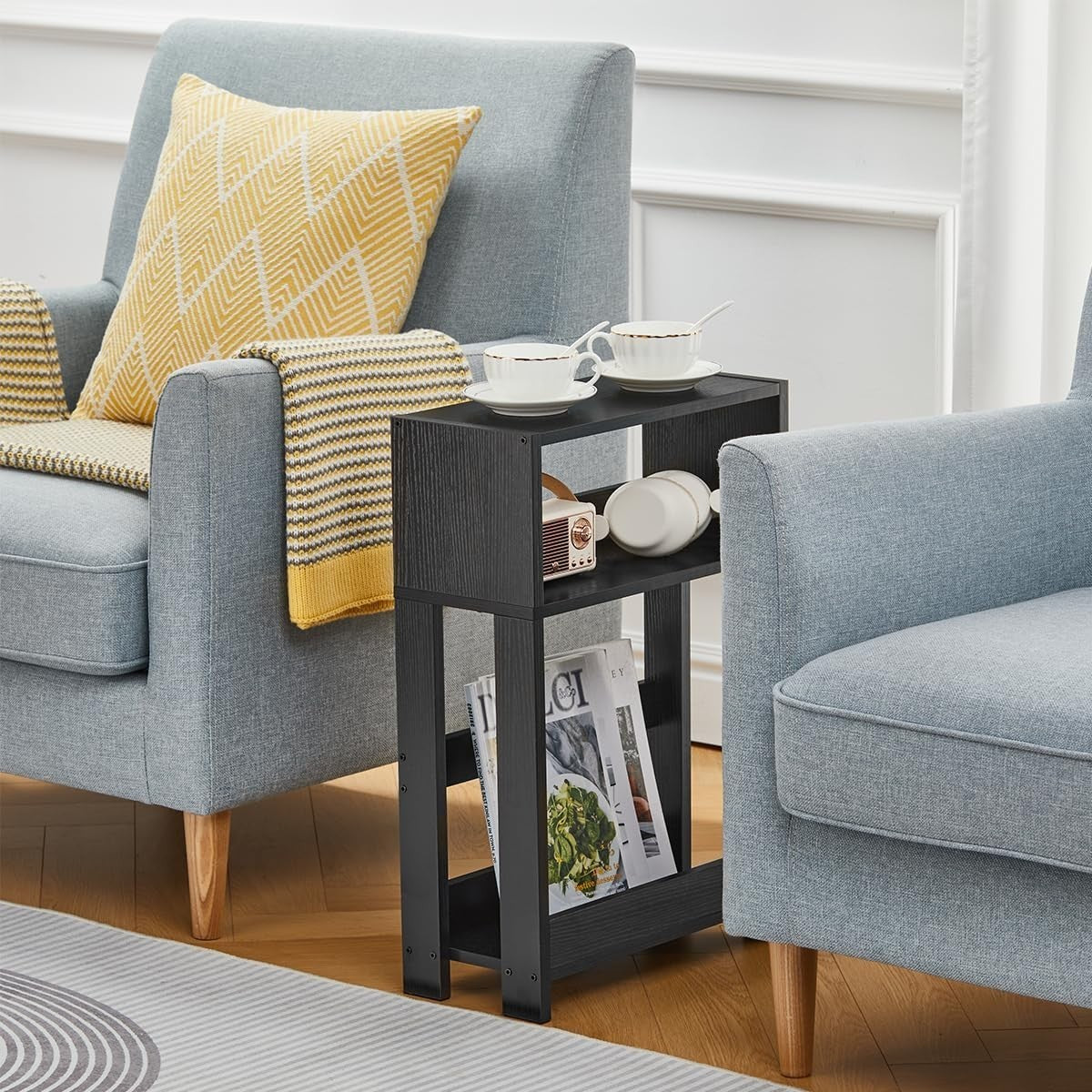 Black Slim Side Table with Shelves | 3-Tier Narrow Bedside & Sofa Table
