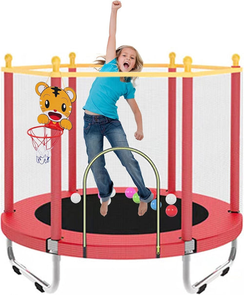 Children’s Indoor Outdoor Trampoline with Safety Net & Basketball Hoop 55in