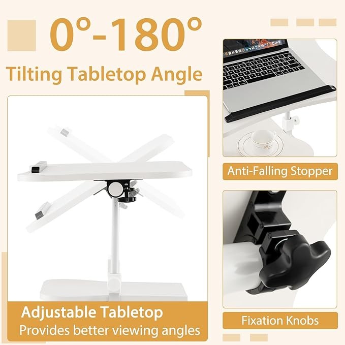 Mobile Laptop Table Height Adjustable Sit Stand Desk with Storage Wheels White