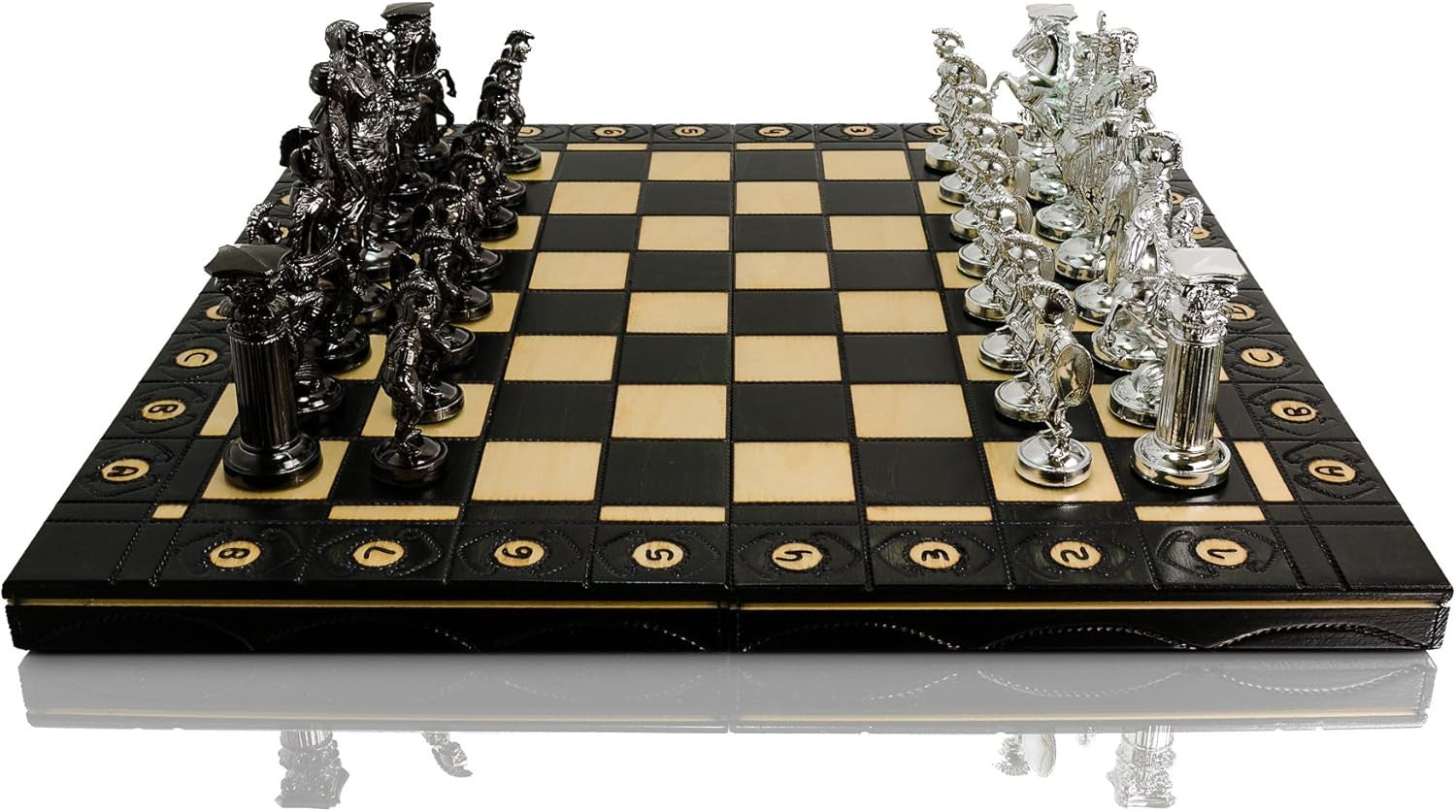 16" Luxury Spartan Silver Chess Set Weighted Chrome Pieces & Inlaid Board