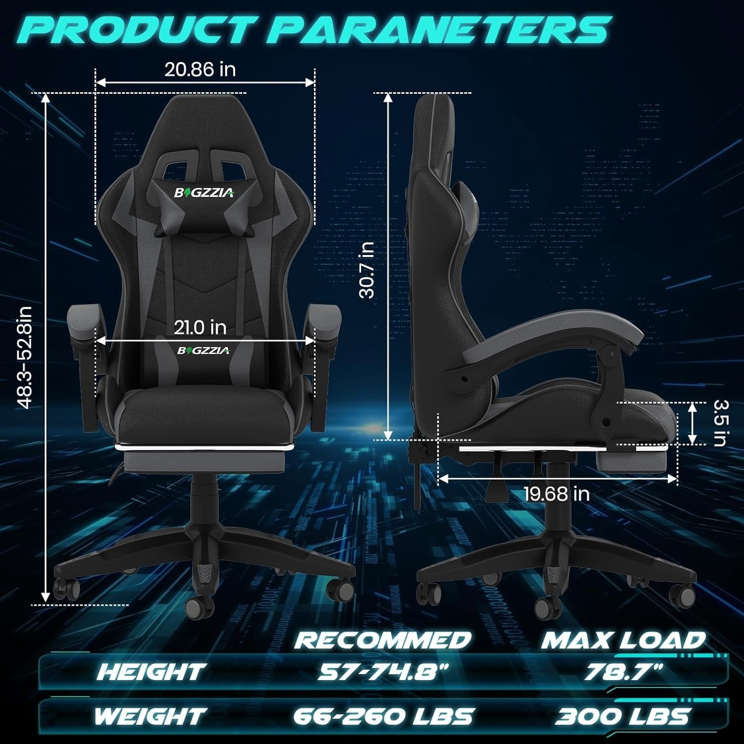 Gaming Chair PC Racing Seat LED Lights Faux Leather Recliner Ergonomic Grey