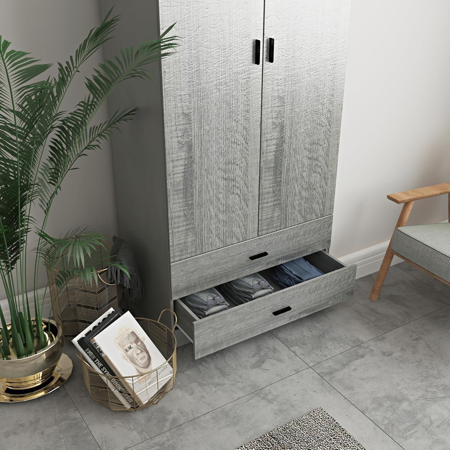 Grey 2 Door Wardrobe With Drawers & Rail | Tall Bedroom Storage Unit