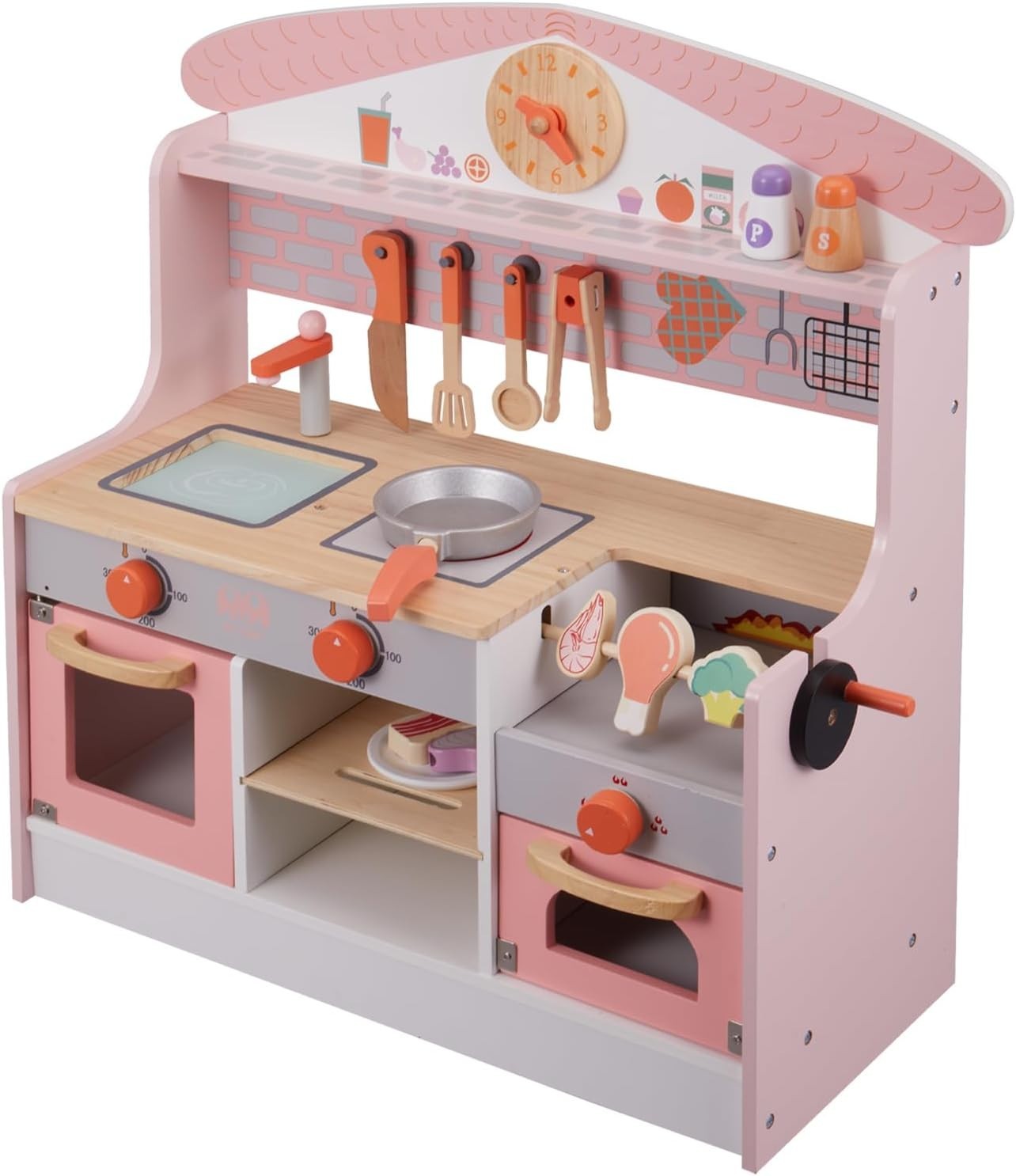 Kids Wooden Play Kitchen Pink w/ BBQ Grill Sound Accessories Set