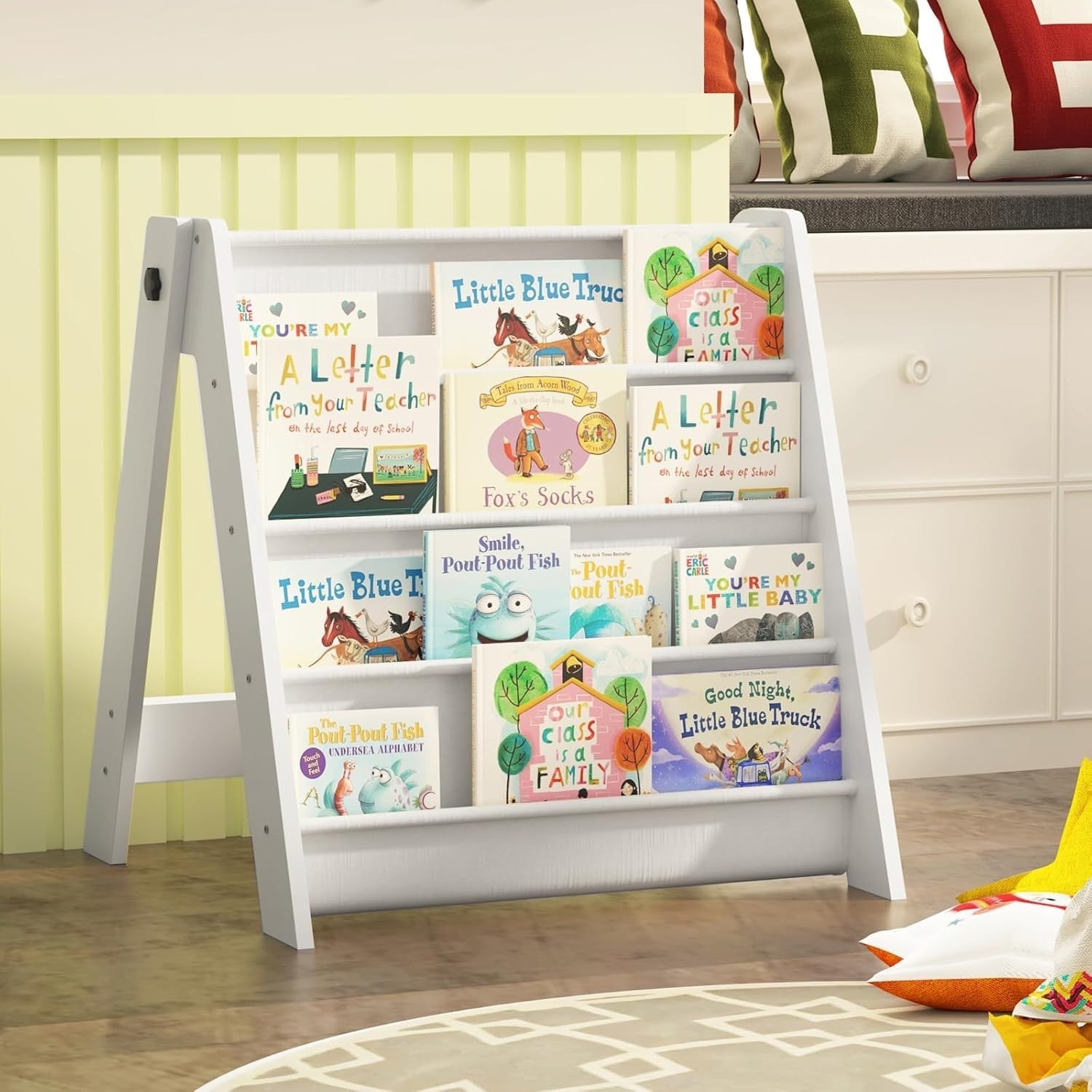 4-Tier Foldable Kids Bookshelf with Deep Fabric Pockets Storage Rack