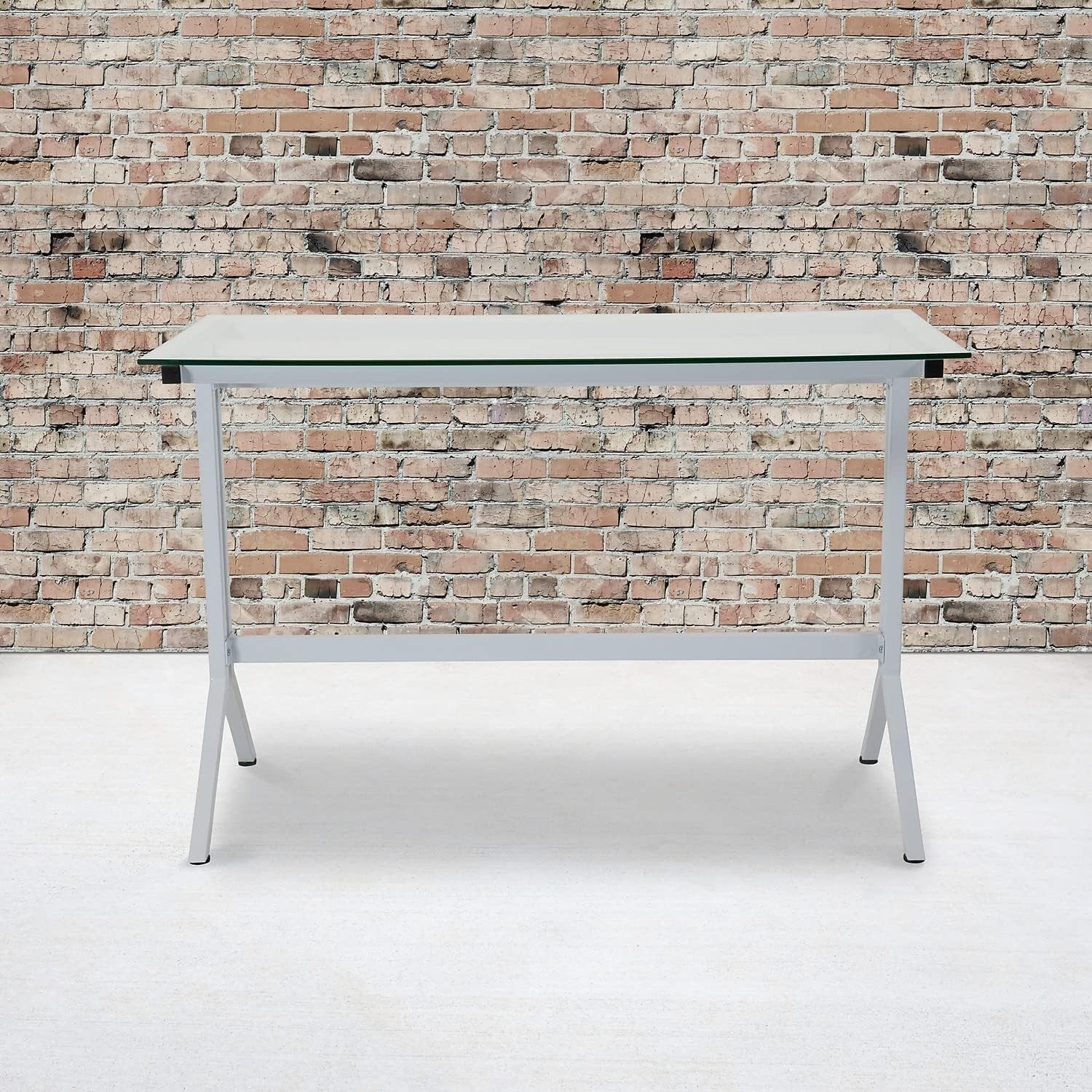 Computer Desk with White Metal Y Frame w/Clear Tempered Glass Office Table