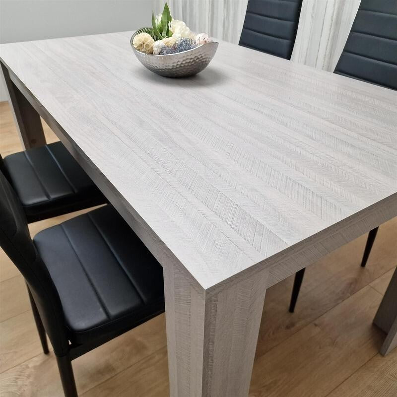 4 Seater Grey Dining Table Set with Black Leather Chairs for Kitchen
