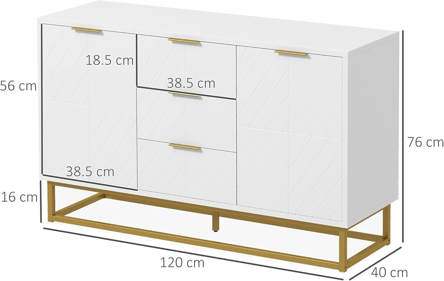 Modern White Sideboard Cabinet 3 Drawers Storage Gold Legs Adjustable
