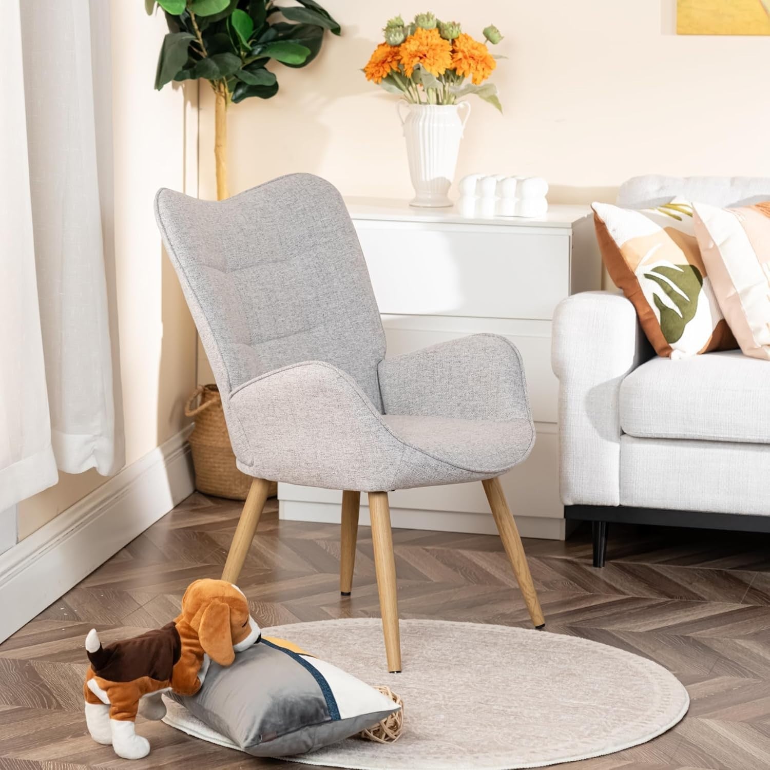 Grey Fabric Wingback Armchair Wood Legs Lounge Reading Room Chair
