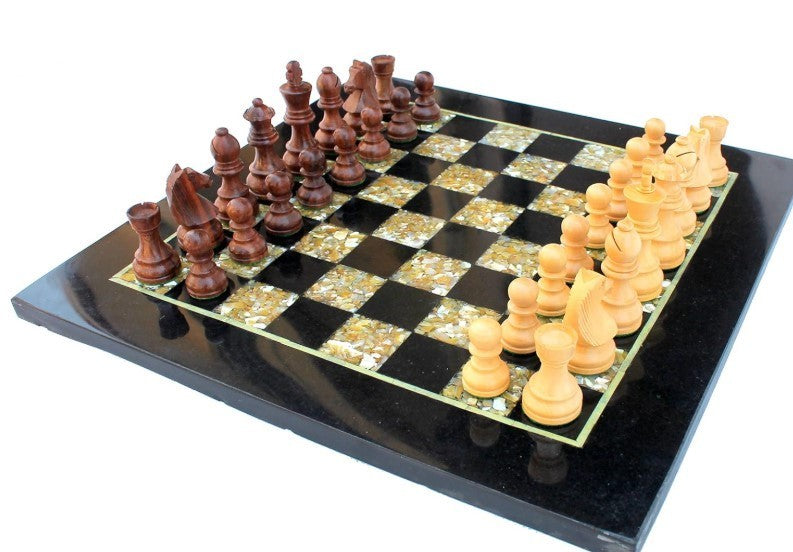 Luxury 15" Black Marble Chess Set – Inlaid Board + Mother of Pearl & Wood Pieces