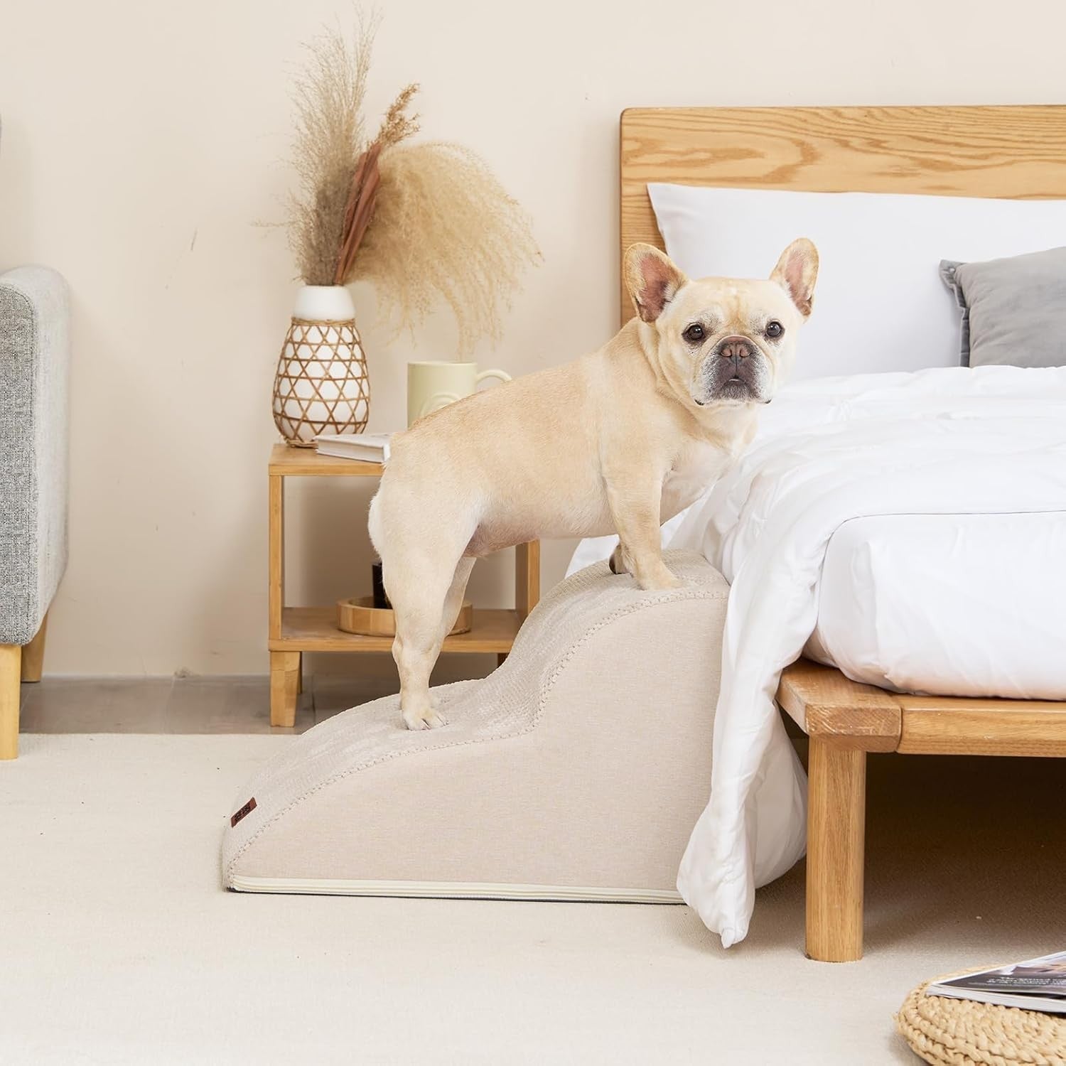 2 Step Dog Stairs for Sofa Non Slip Foam Pet Steps Washable Cream