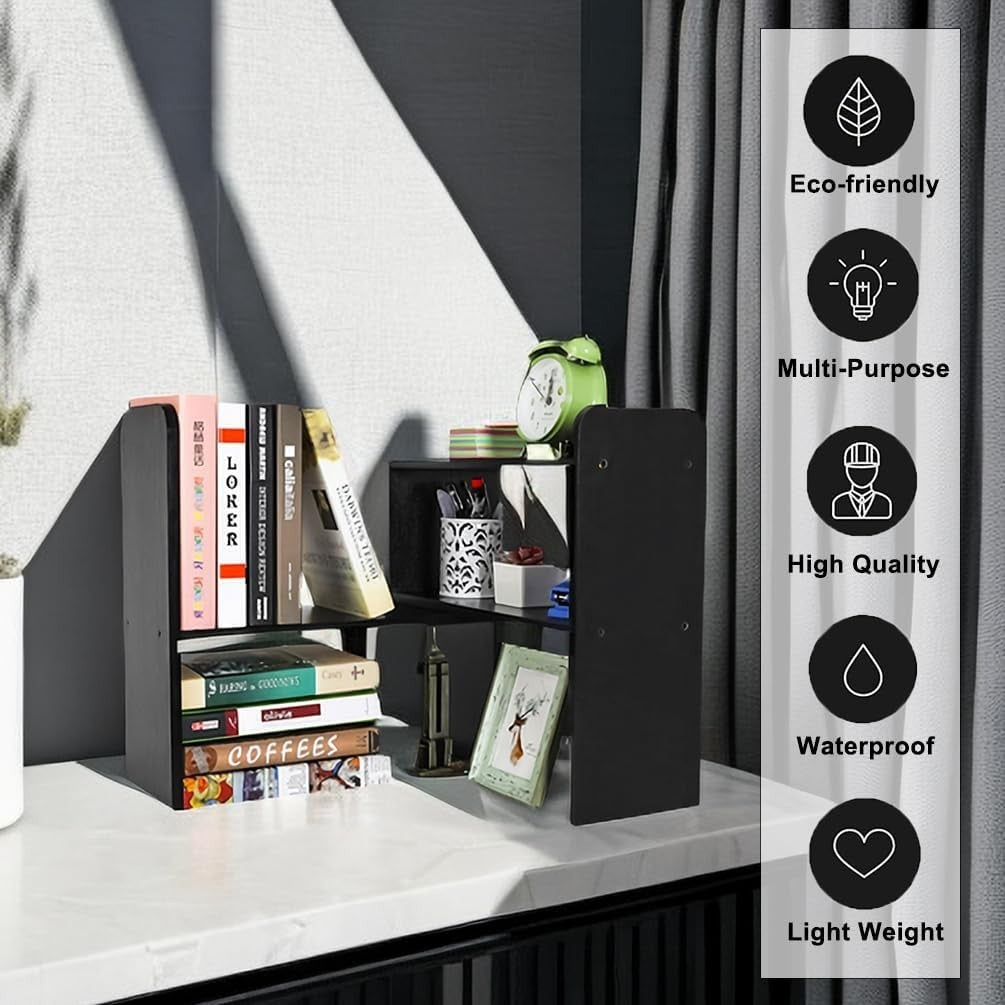 Adjustable 2-Tier Black Wood Desk Bookshelf - Space-Saving Organizer