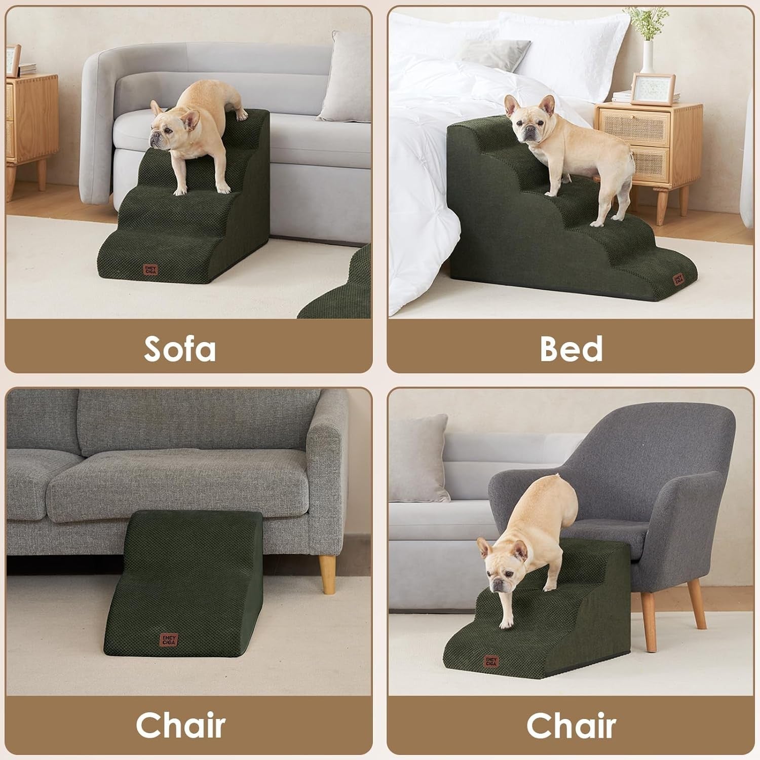 2 Step Dog Stairs for Sofa Non Slip Pet Steps Washable Olive 40x50x30