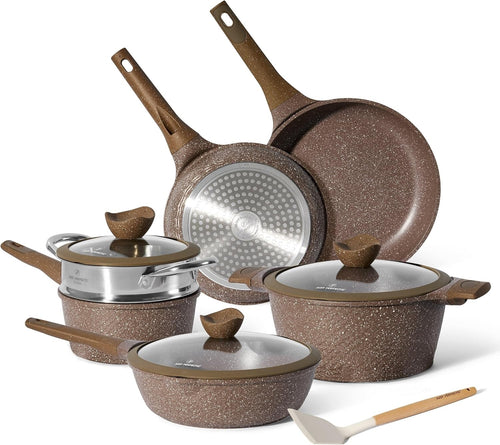 14pcs Brown Granite Non Stick Cookware Set Induction Safe Pot and Pans with Lid
